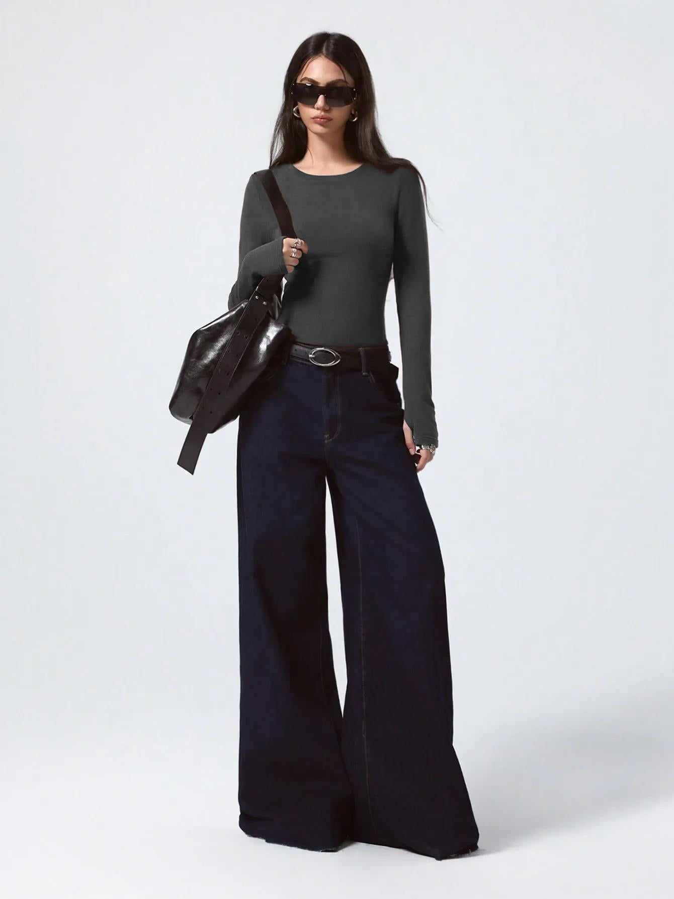 KOTTY Women's Charcoal grey Long Sleeve Fitted Top