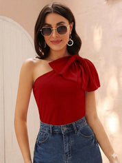 Statement Bow One-Shoulder Top in Bold Red