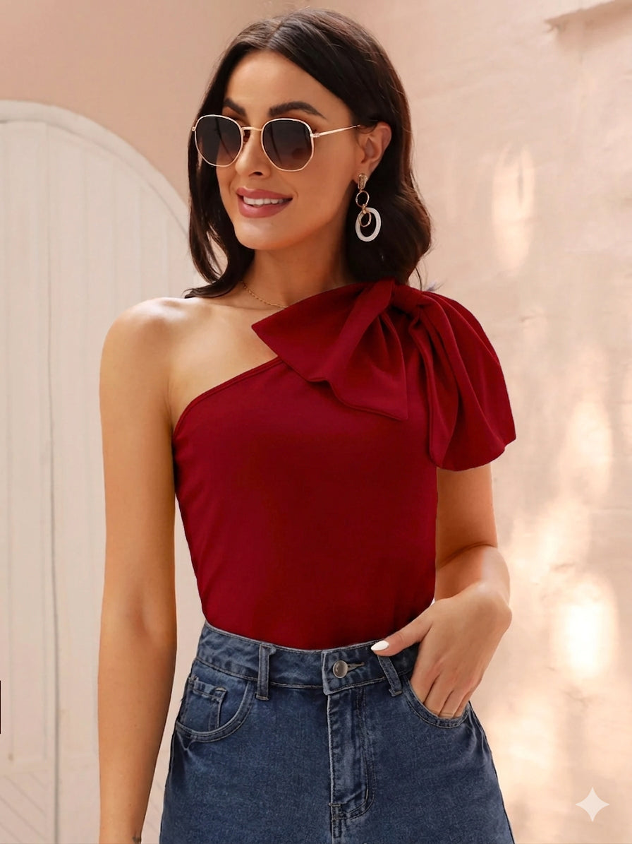 Statement Bow One-Shoulder Top in Bold Red