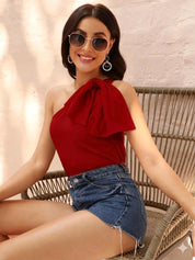 Statement Bow One-Shoulder Top in Bold Red