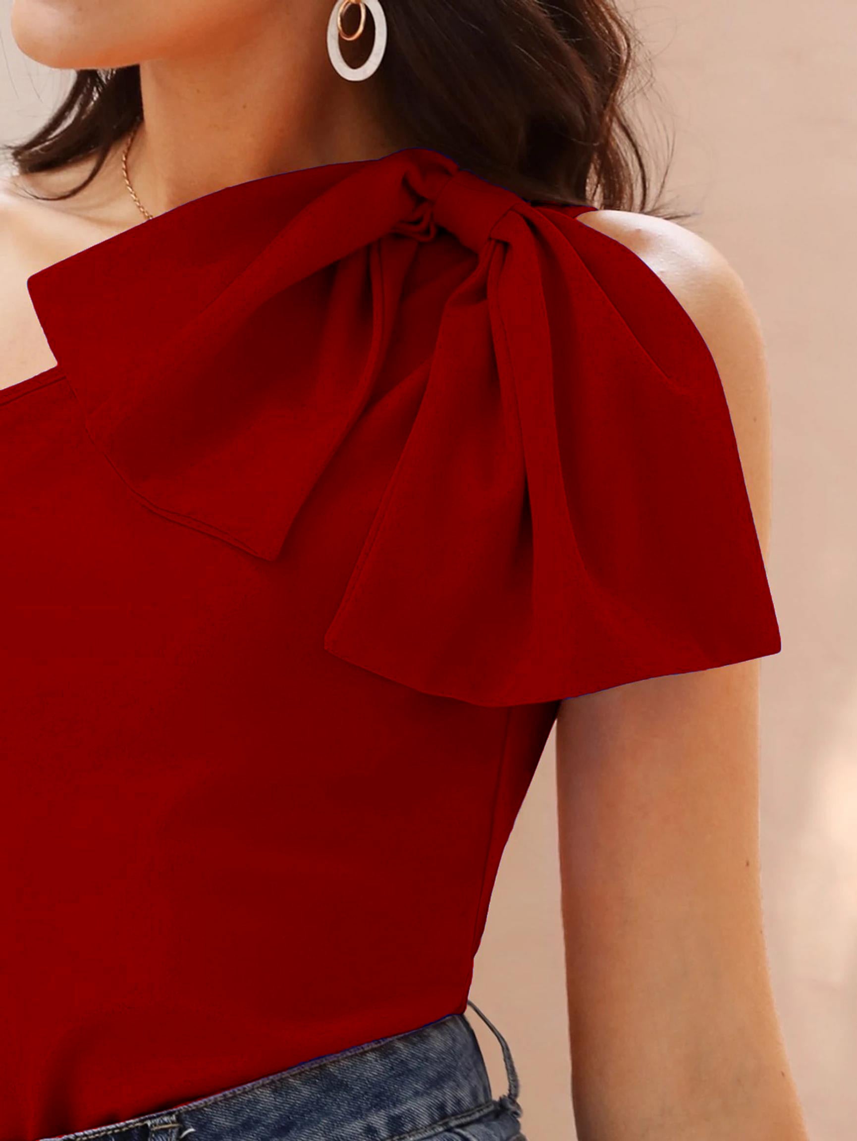 Statement Bow One-Shoulder Top in Bold Red