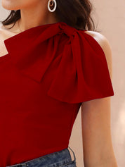 Statement Bow One-Shoulder Top in Bold Red