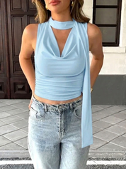 Women's Sky Blue Neck Drape Sleeveless Scarf Top