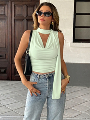 Women's Mint Neck Drape Sleeveless Scarf Top