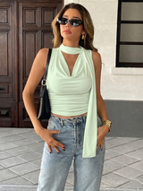 Women's Mint Neck Drape Sleeveless Scarf Top