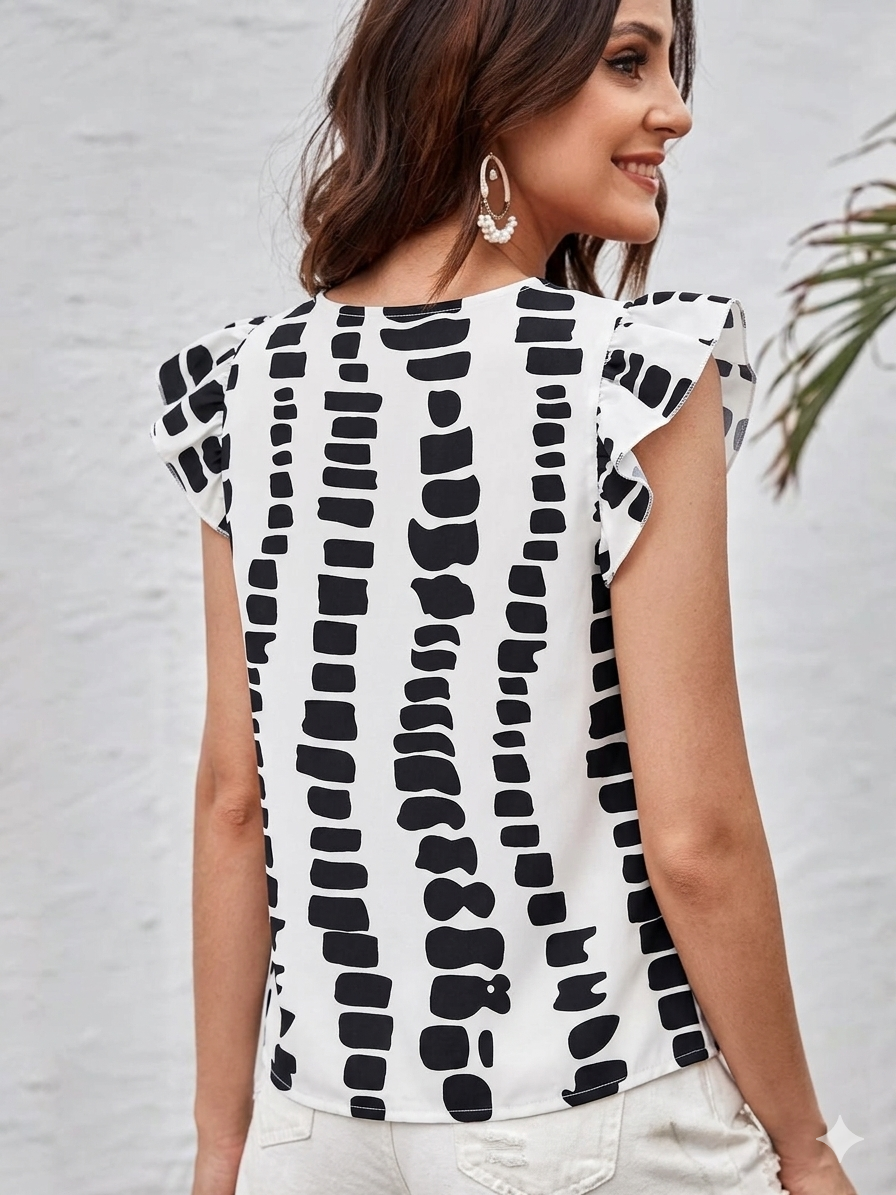 Black White Printed Ruffle Sleeve Top