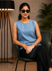 Denim Round Neck Sleeveless Top