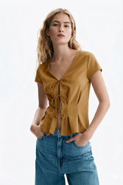 Honey Brown Tie-Front Peplum Top