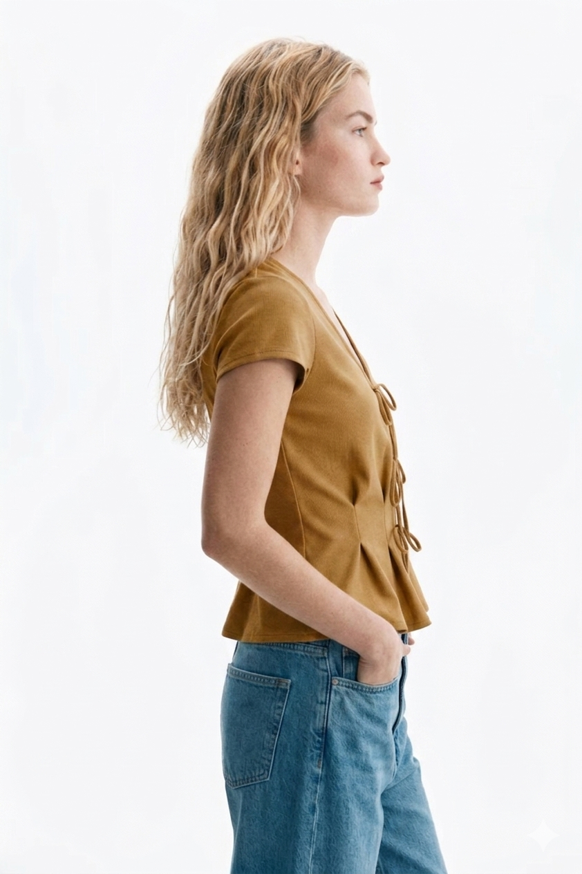 Honey Brown Tie-Front Peplum Top