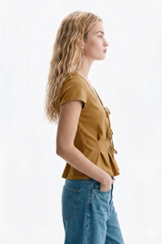 Honey Brown Tie-Front Peplum Top