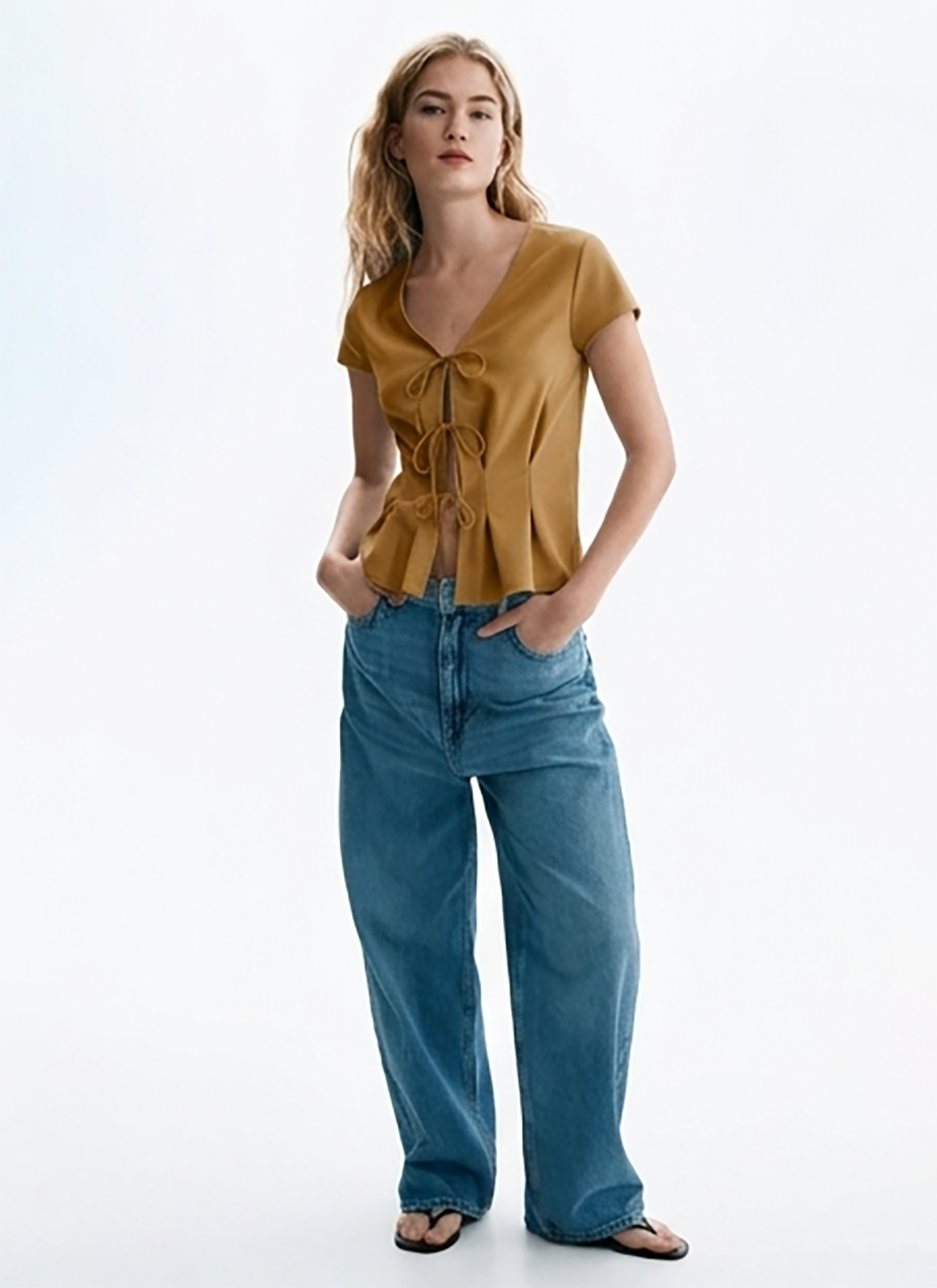 Honey Brown Tie-Front Peplum Top