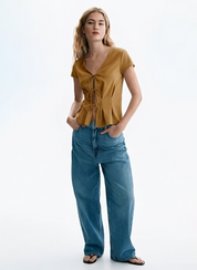 Honey Brown Tie-Front Peplum Top