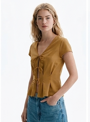 Honey Brown Tie-Front Peplum Top