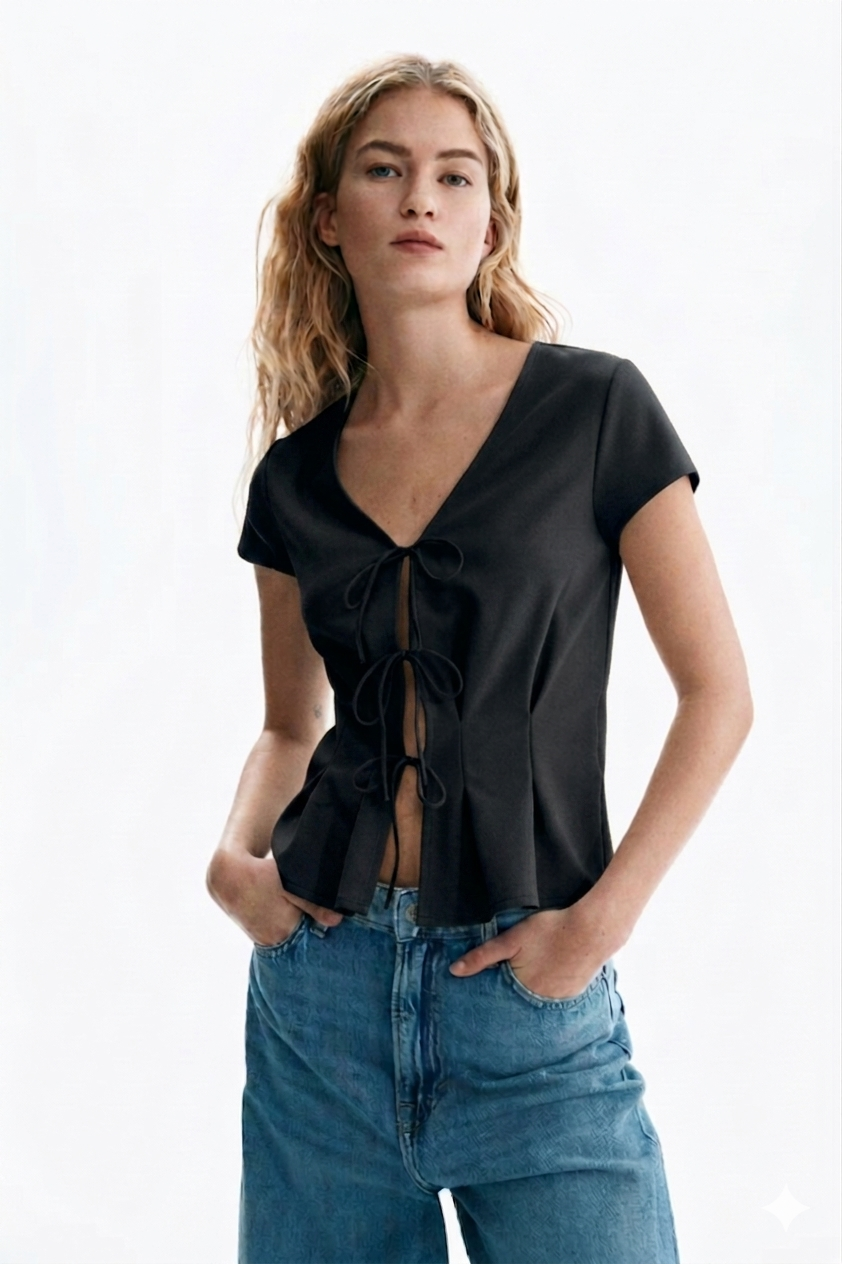 Black V-Neck Tie-Front Peplum Top