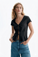 Black V-Neck Tie-Front Peplum Top