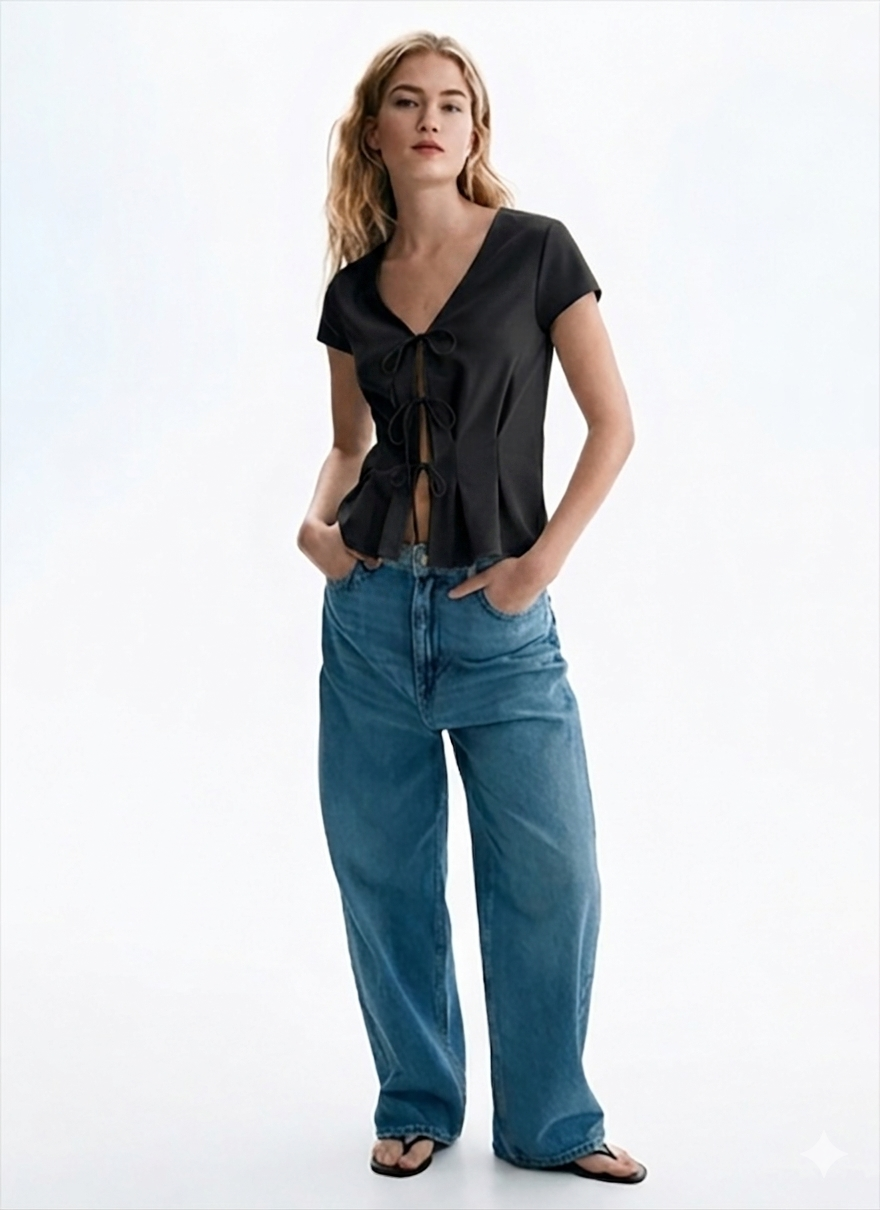 Black V-Neck Tie-Front Peplum Top