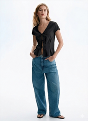 Black V-Neck Tie-Front Peplum Top