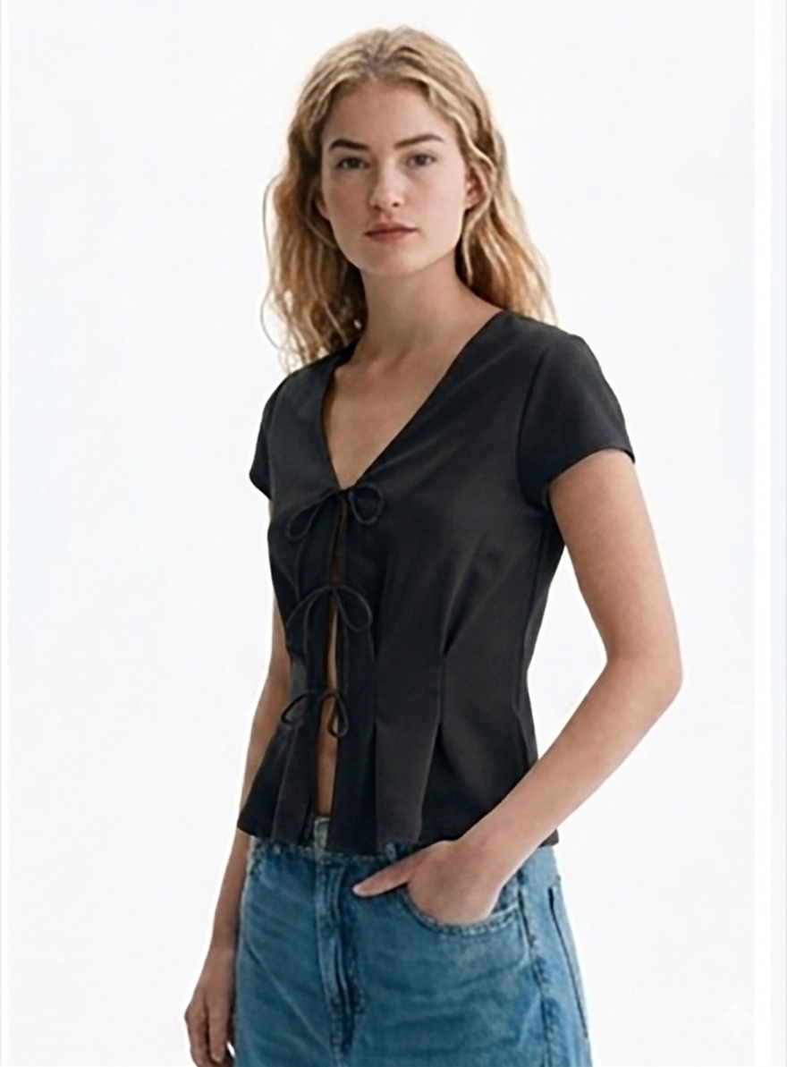 Black V-Neck Tie-Front Peplum Top