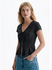Black V-Neck Tie-Front Peplum Top
