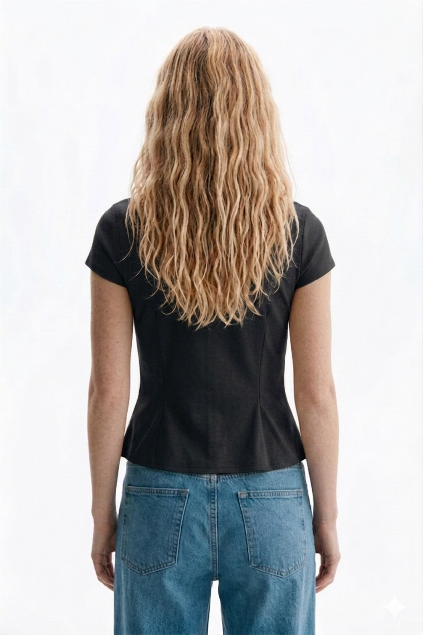 Black V-Neck Tie-Front Peplum Top