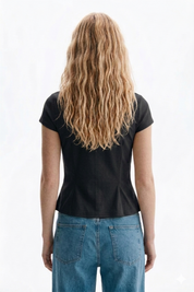 Black V-Neck Tie-Front Peplum Top