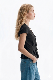 Black V-Neck Tie-Front Peplum Top