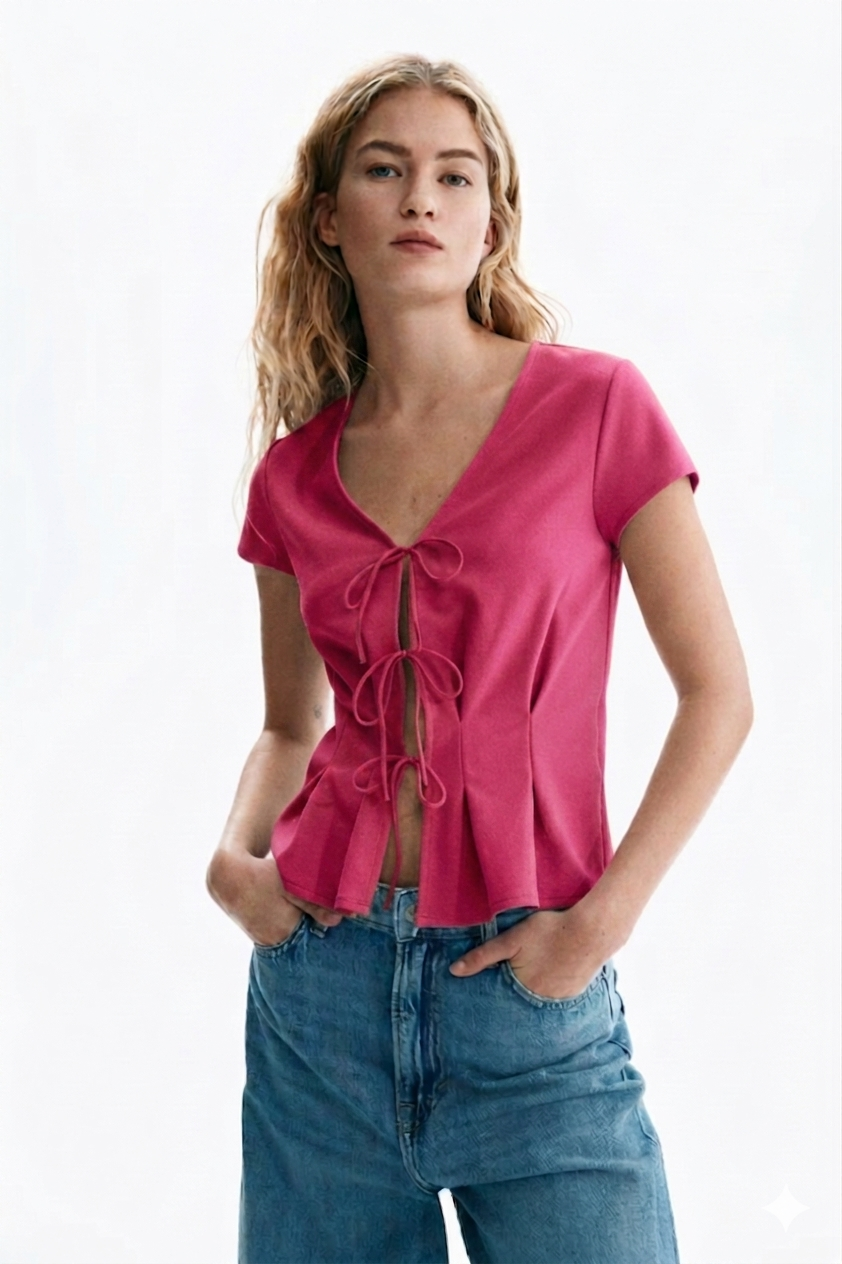 Pink V-Neck Tie-Front Peplum Top