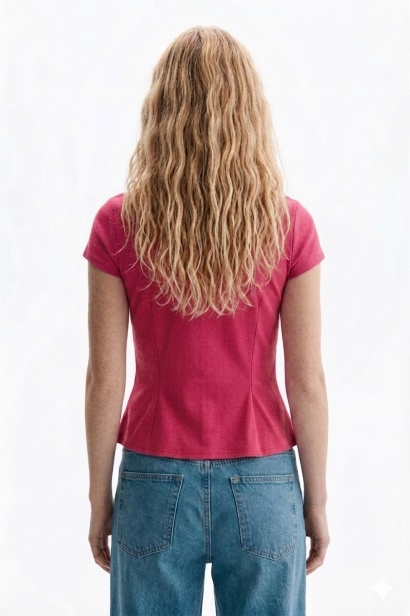 Pink V-Neck Tie-Front Peplum Top