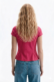 Pink V-Neck Tie-Front Peplum Top