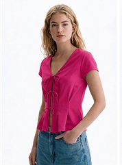Pink V-Neck Tie-Front Peplum Top