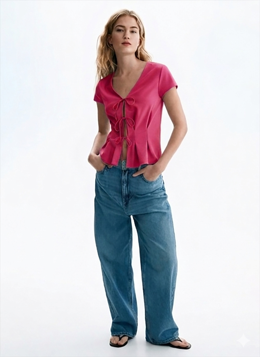 Pink V-Neck Tie-Front Peplum Top