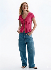 Pink V-Neck Tie-Front Peplum Top