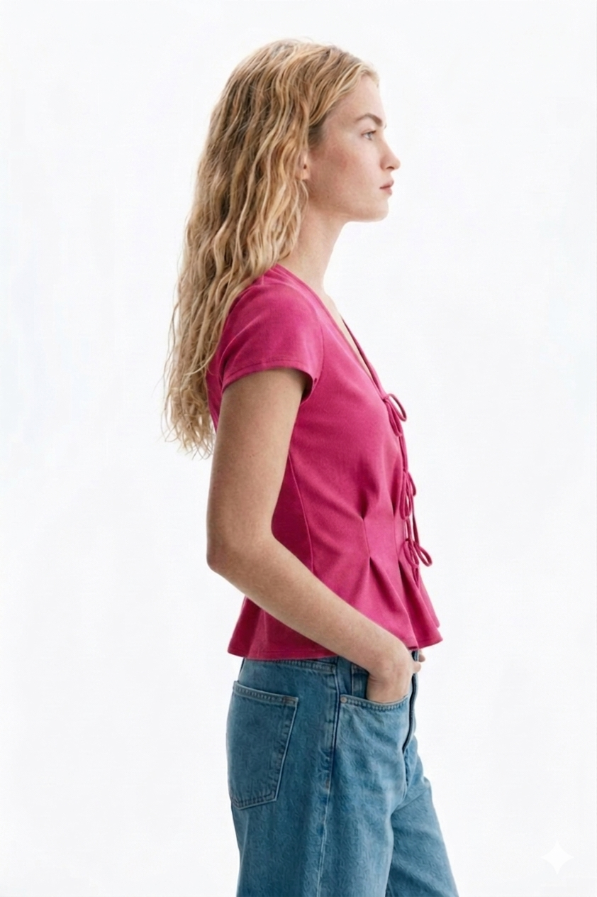 Pink V-Neck Tie-Front Peplum Top