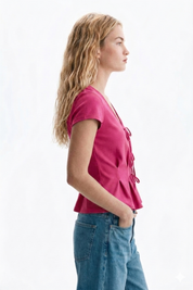 Pink V-Neck Tie-Front Peplum Top