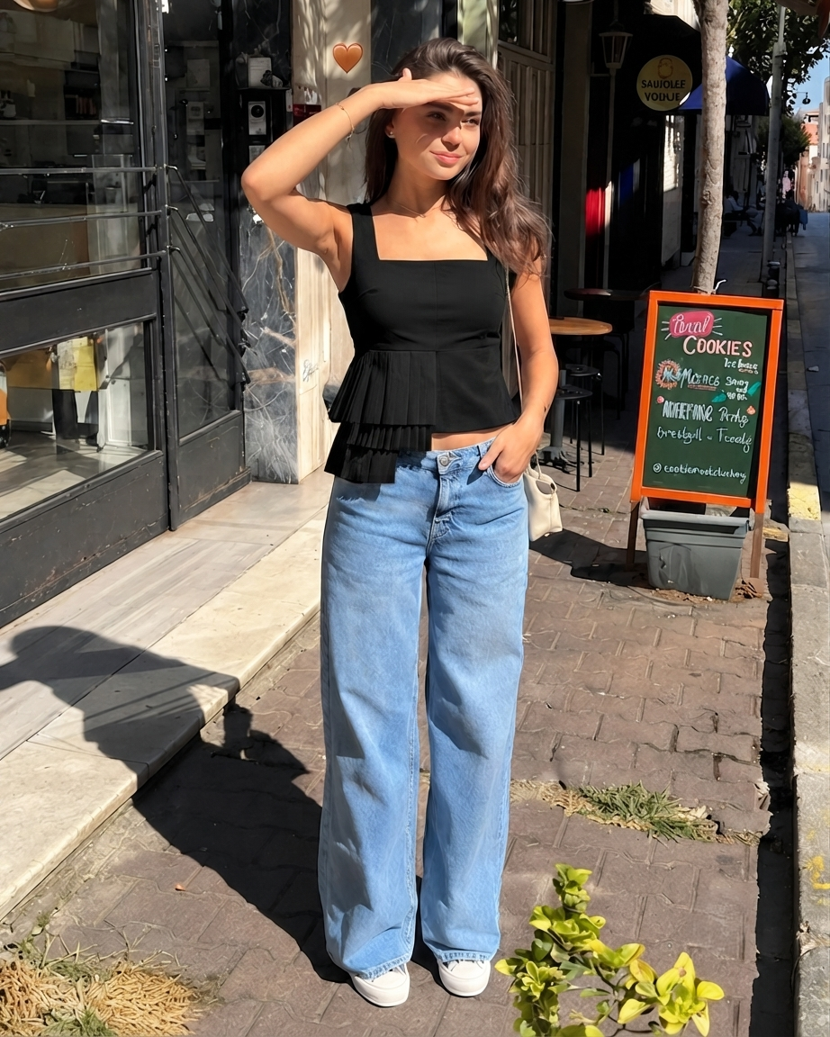 KOTTY Black Square Neck Pleated Peplum Crop Top