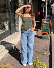 KOTTY Olive Green Square Neck Pleated Peplum Crop Top