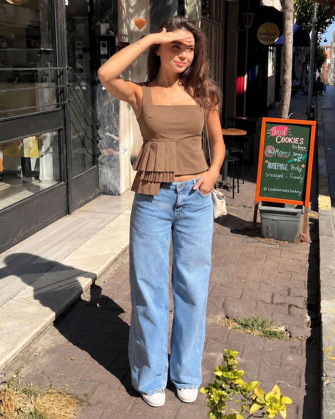 Kotty Coffee Brown Square Neck Pleated Peplum Crop Top