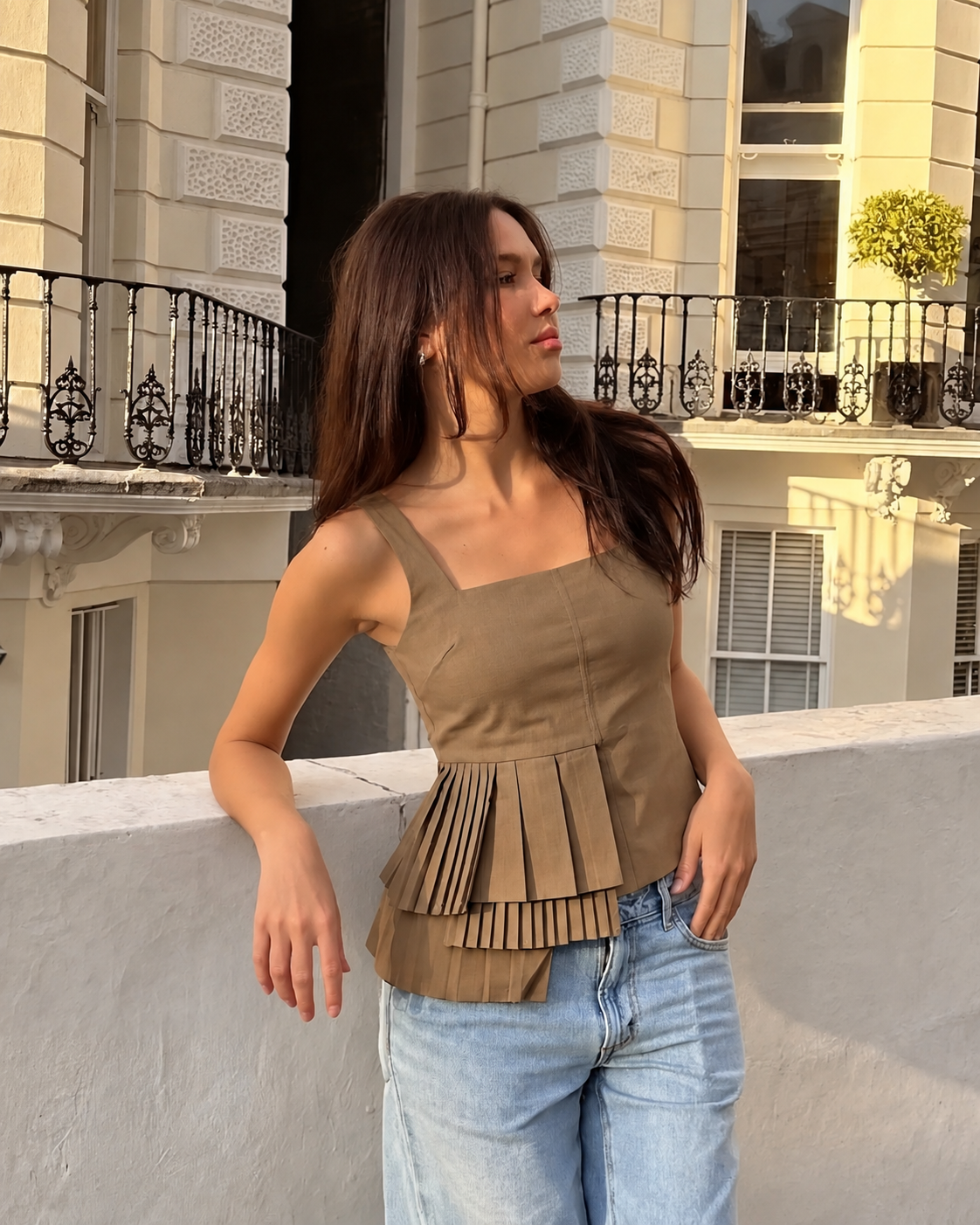 Kotty Coffee Brown Square Neck Pleated Peplum Crop Top