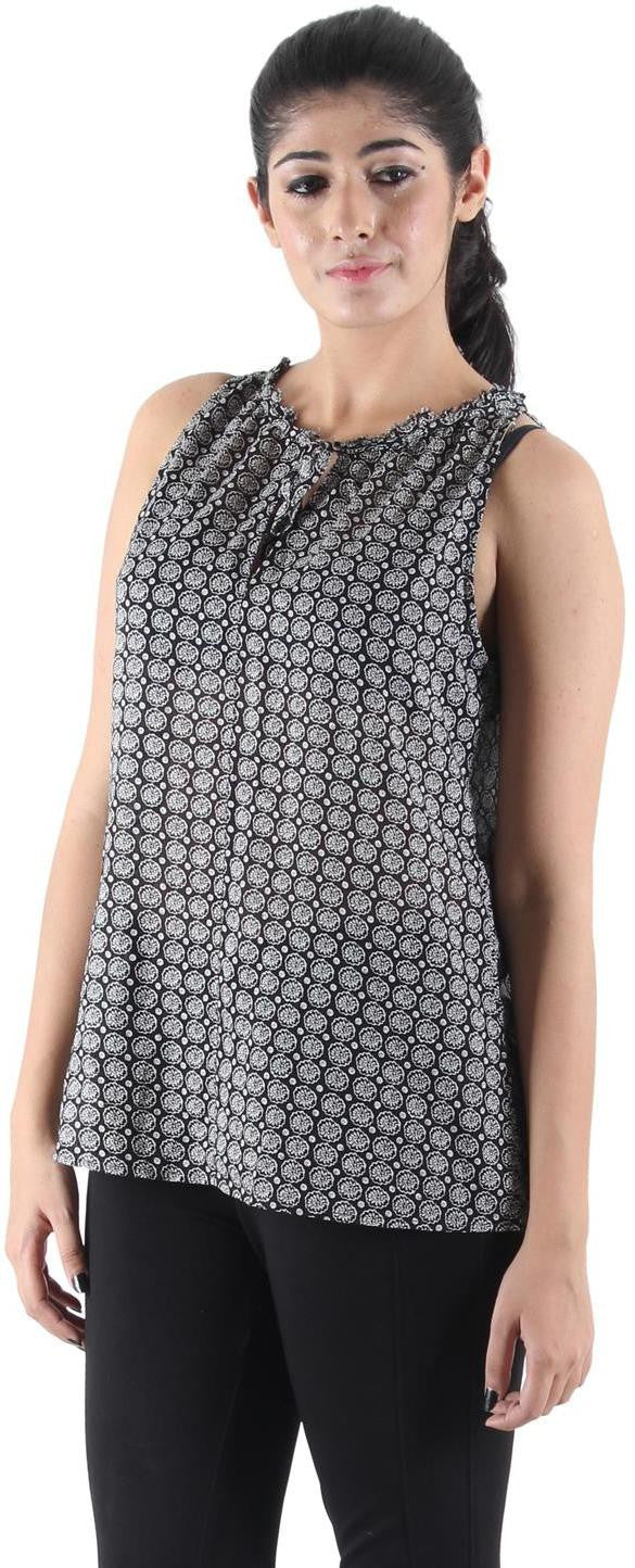 KOTTY Party Sleeveless Self Design Women Black Top 