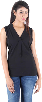 KOTTY Party Sleeveless Self Design Women Black Top 