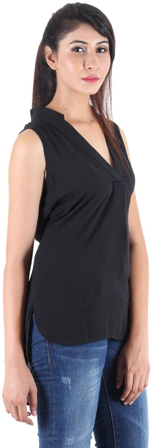 KOTTY Party Sleeveless Self Design Women Black Top 