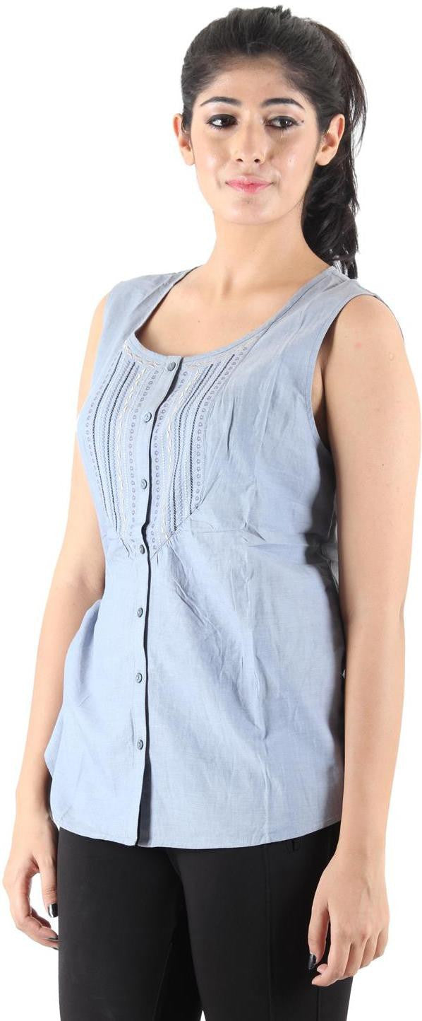 KOTTY Casual Sleeveless Printed Women Blue Top 
