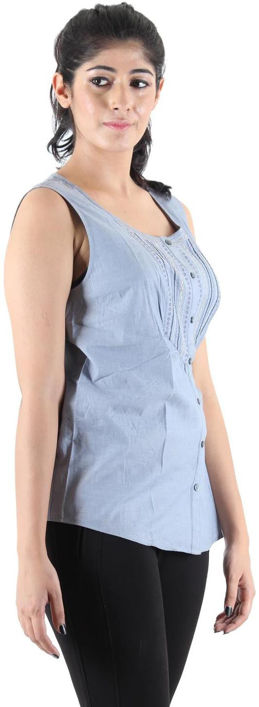 KOTTY Casual Sleeveless Printed Women Blue Top 