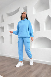 Sky Blue Cozy Hoodie & Cargo Jogger Set