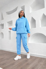 Sky Blue Cozy Hoodie & Cargo Jogger Set