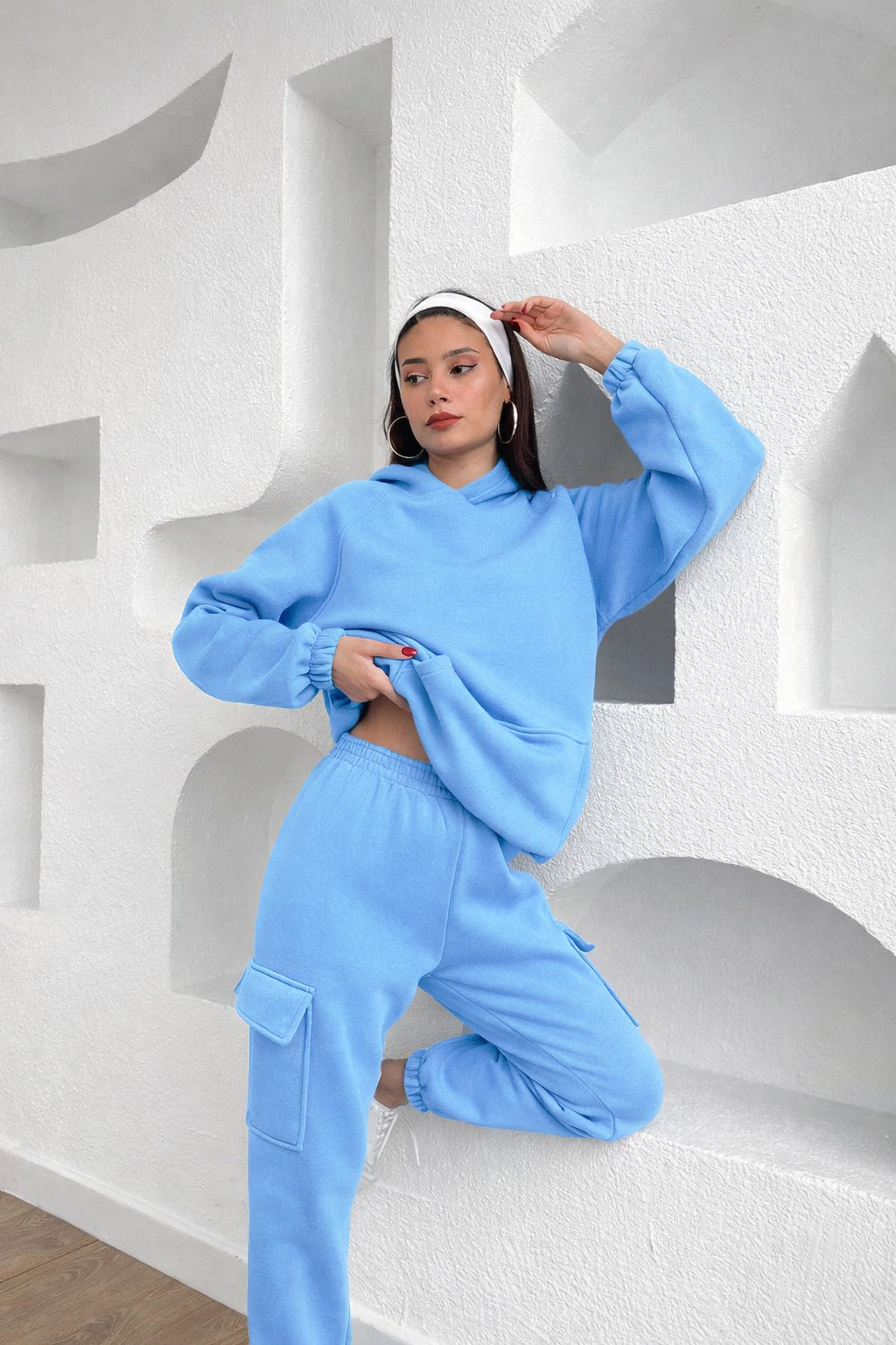 Sky Blue Cozy Hoodie & Cargo Jogger Set