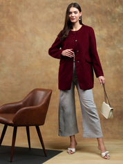 KOTTY Solid Single Breasted Casual Women Blazer (Maroon)