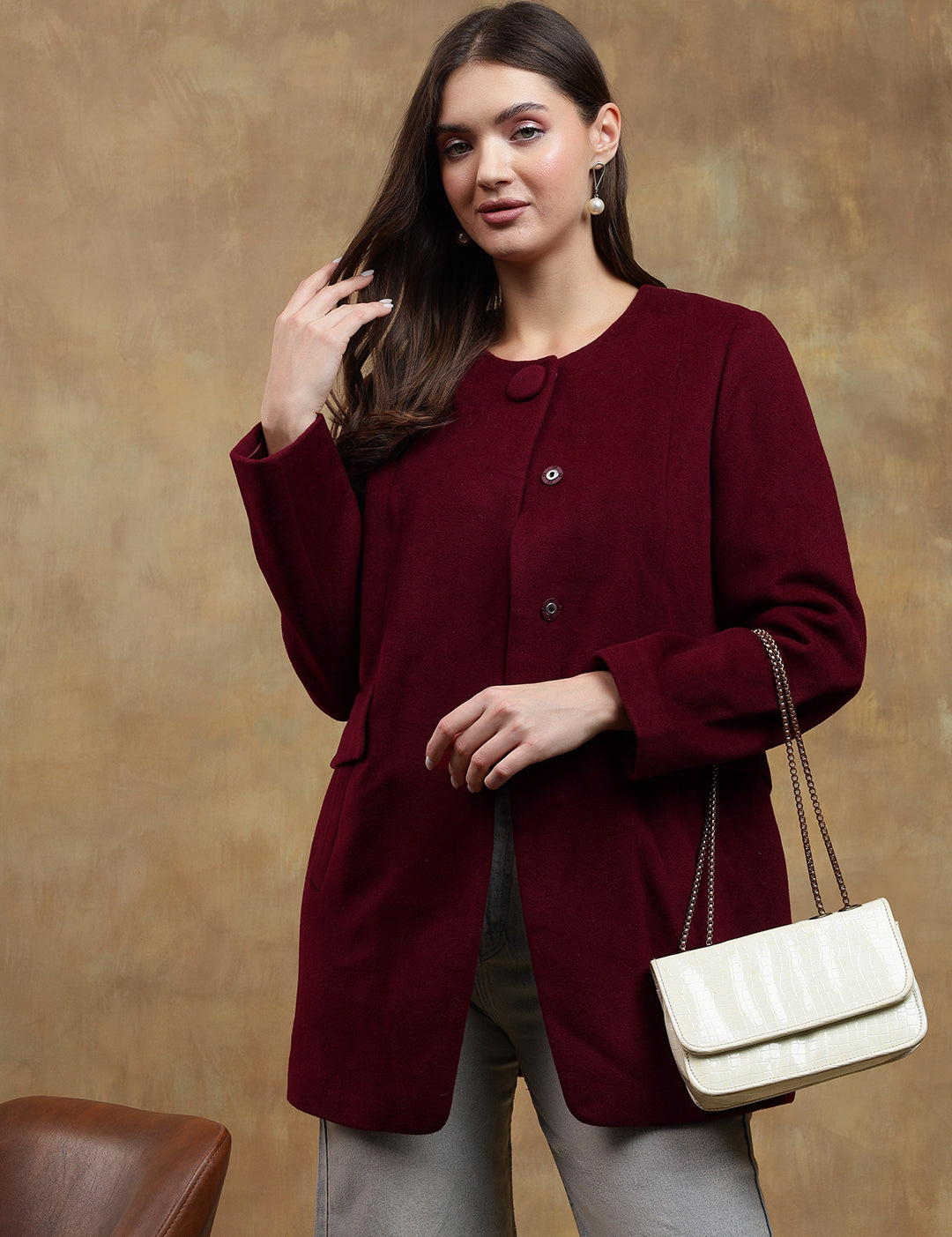 KOTTY Solid Single Breasted Casual Women Blazer (Maroon)