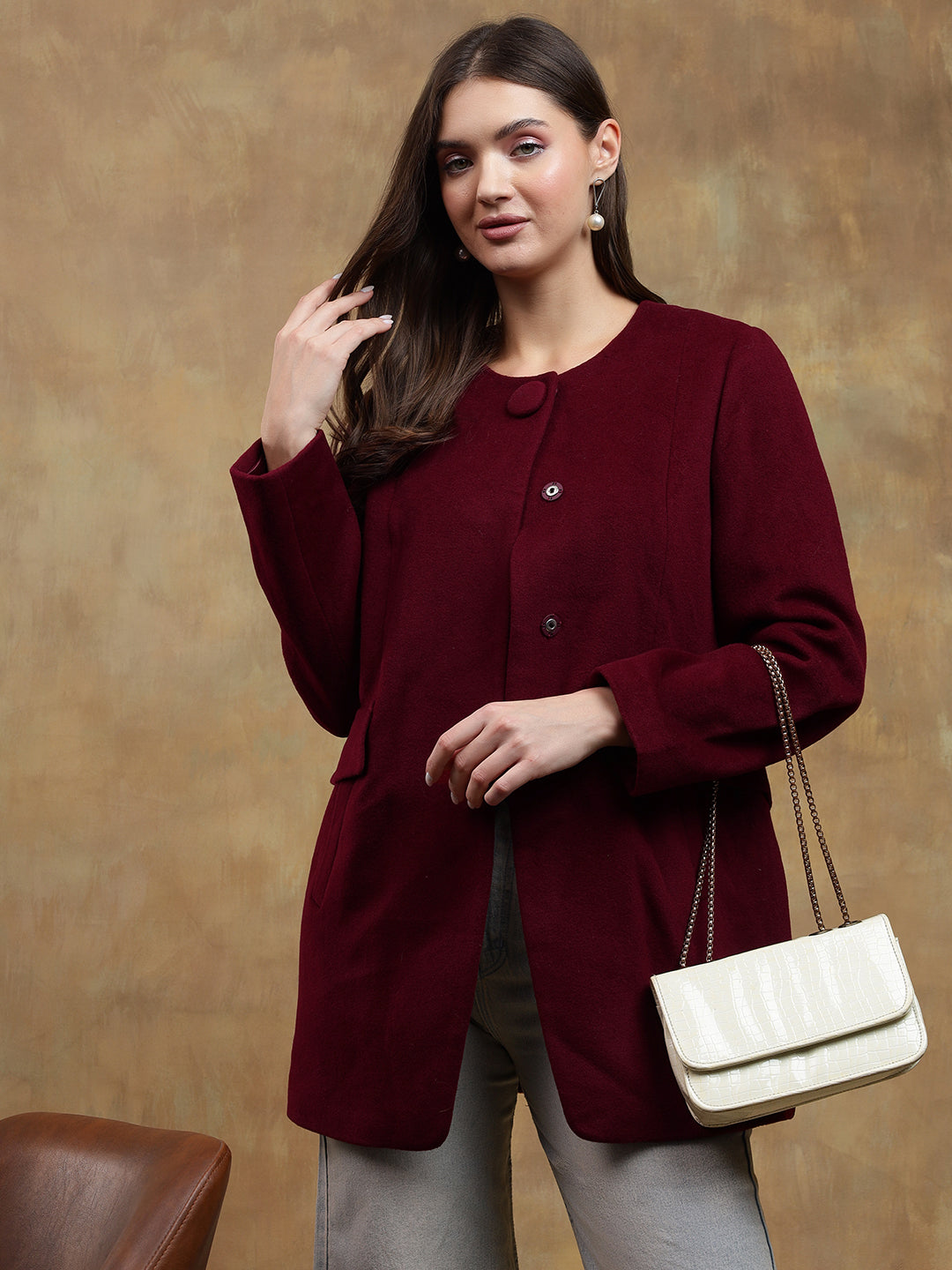KOTTY Solid Single Breasted Casual Women Blazer (Maroon)