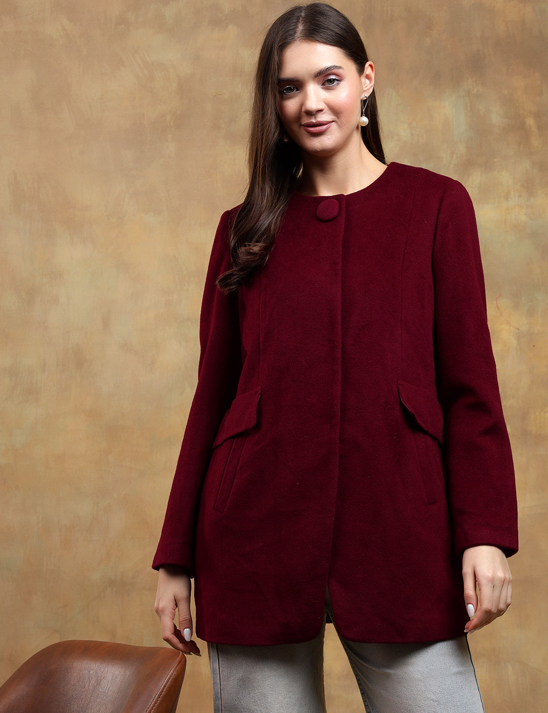 KOTTY Solid Single Breasted Casual Women Blazer (Maroon)